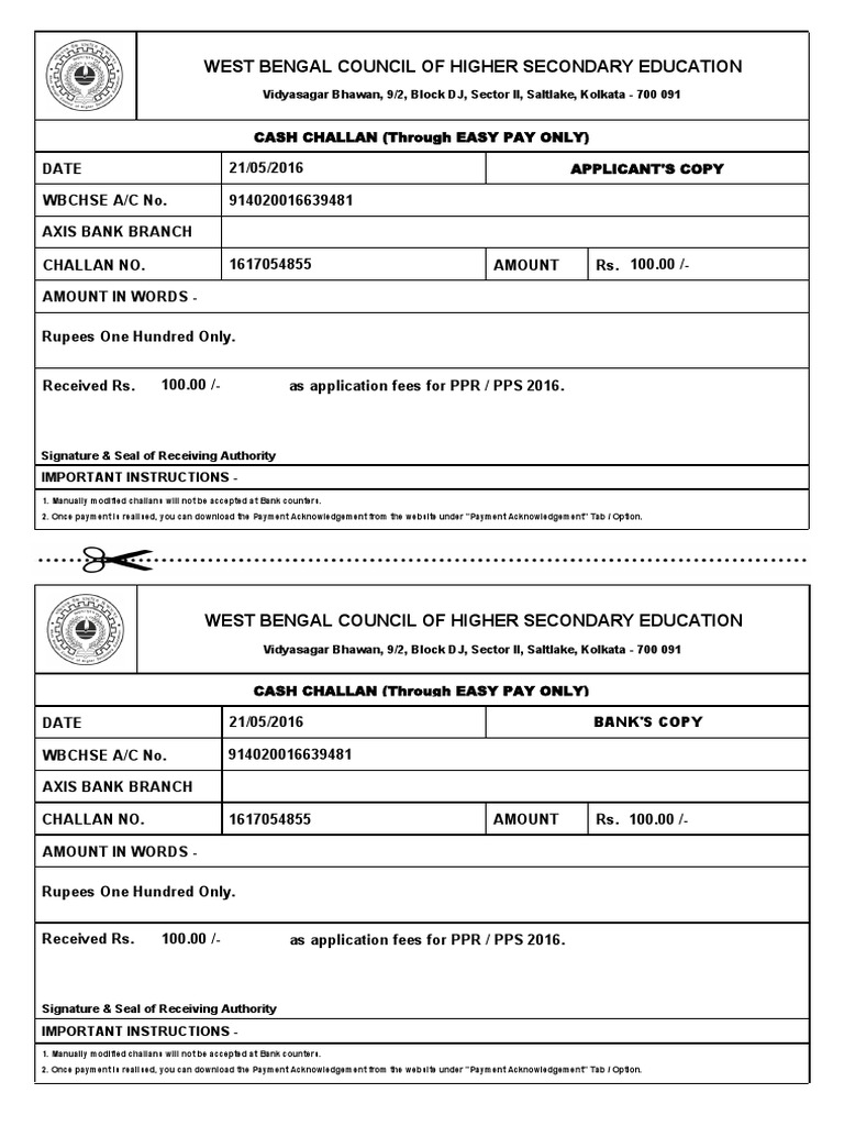 WBCHSE Cash Challan Instructions | PDF | Finance & Money Management