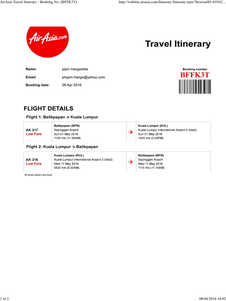 Airasia Travel Itinerary Booking No Bffk3t Pdf Aviation