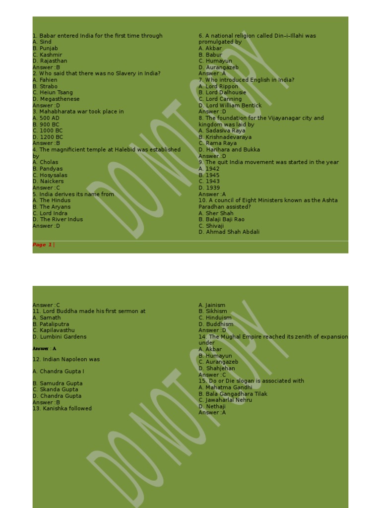 Indian History Quiz Questions | PDF | Religion & Spirituality