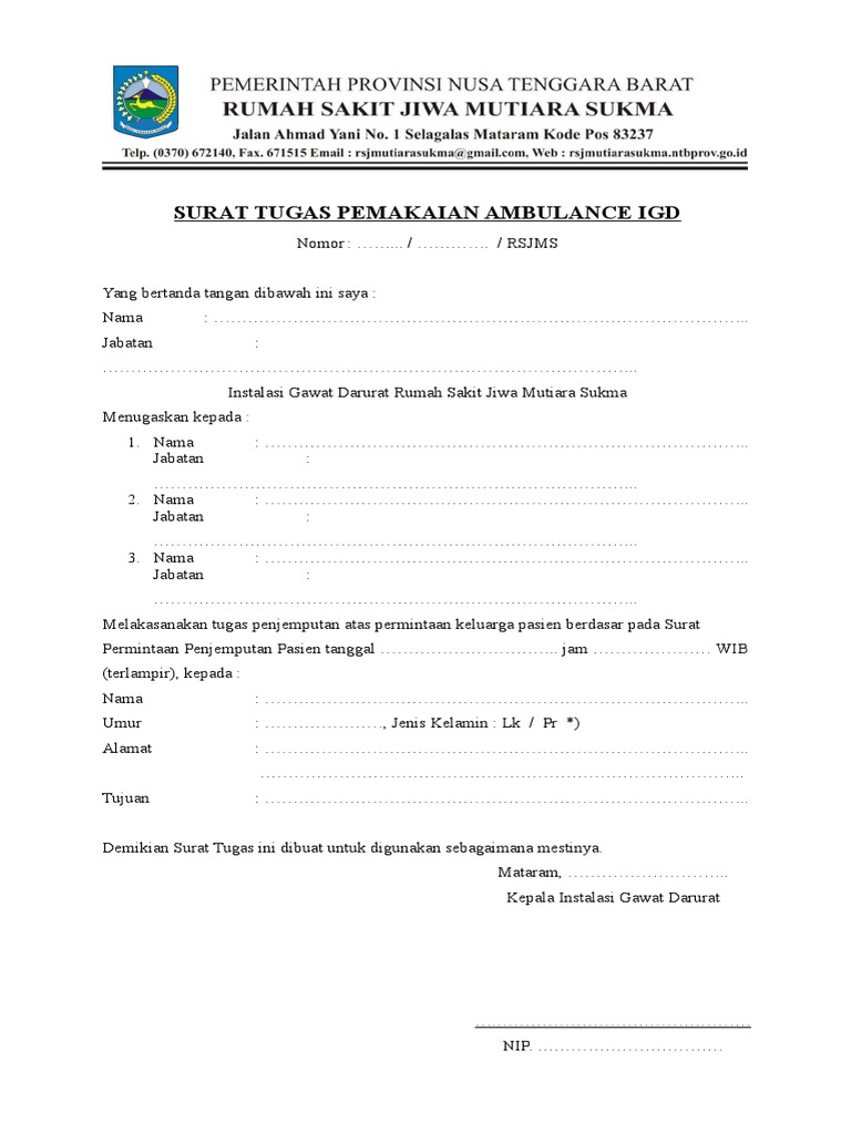 Surat Tugas Pemakaian Ambulance Igd