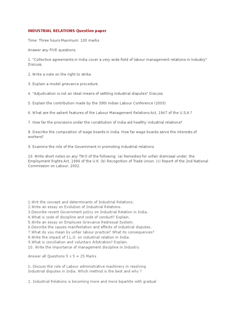 Industrial Relations Question Paper | PDF | Trade Union | Strike Action