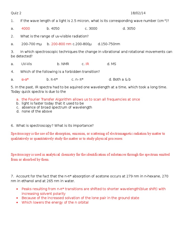 UV/VIS Quiz 2 and Answers PDF Spectroscopy UltravioletVisible