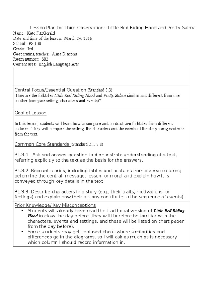 Third Observed Lesson Pdf Little Red Riding Hood Question