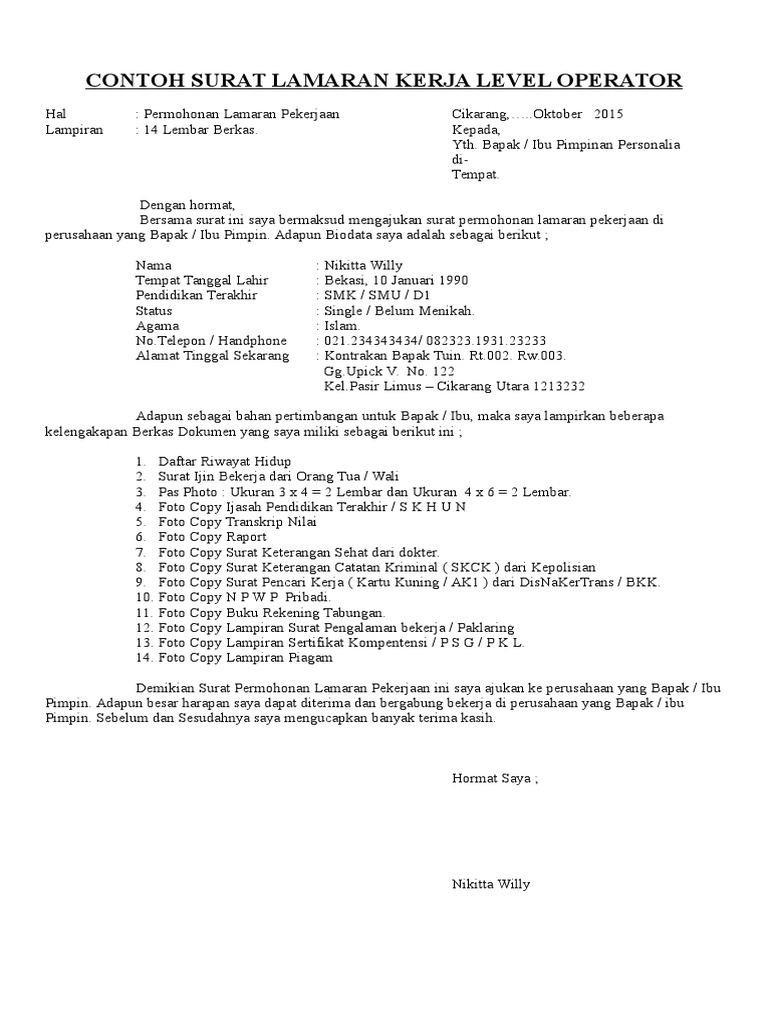 Contoh Surat Lamaran Level Operator Doc