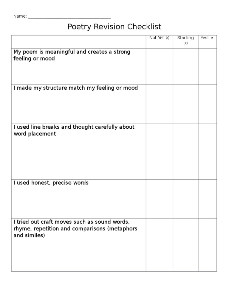 Poetry Revision Checklist PDF Poetry Poems