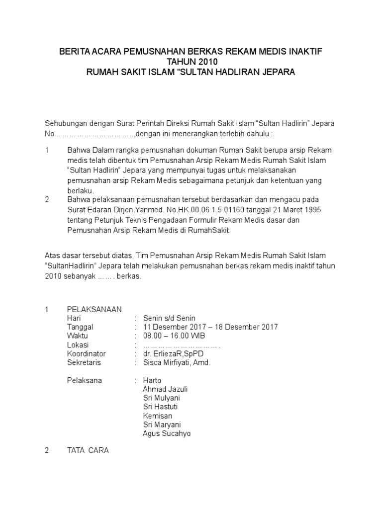 Contoh Surat Berita Acara Pemusnahan Dokumen Dokumen Pilihan