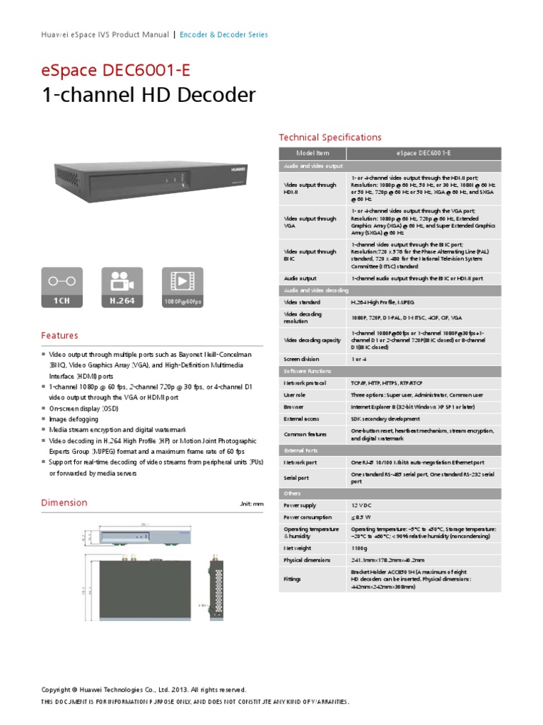 Huawei ESpace DEC6001channel HD Decoder Datasheet | PDF | Video | Hdmi