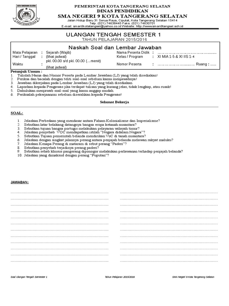 Soal Uts Sejarah Smtr Ganjil Kelas Xi