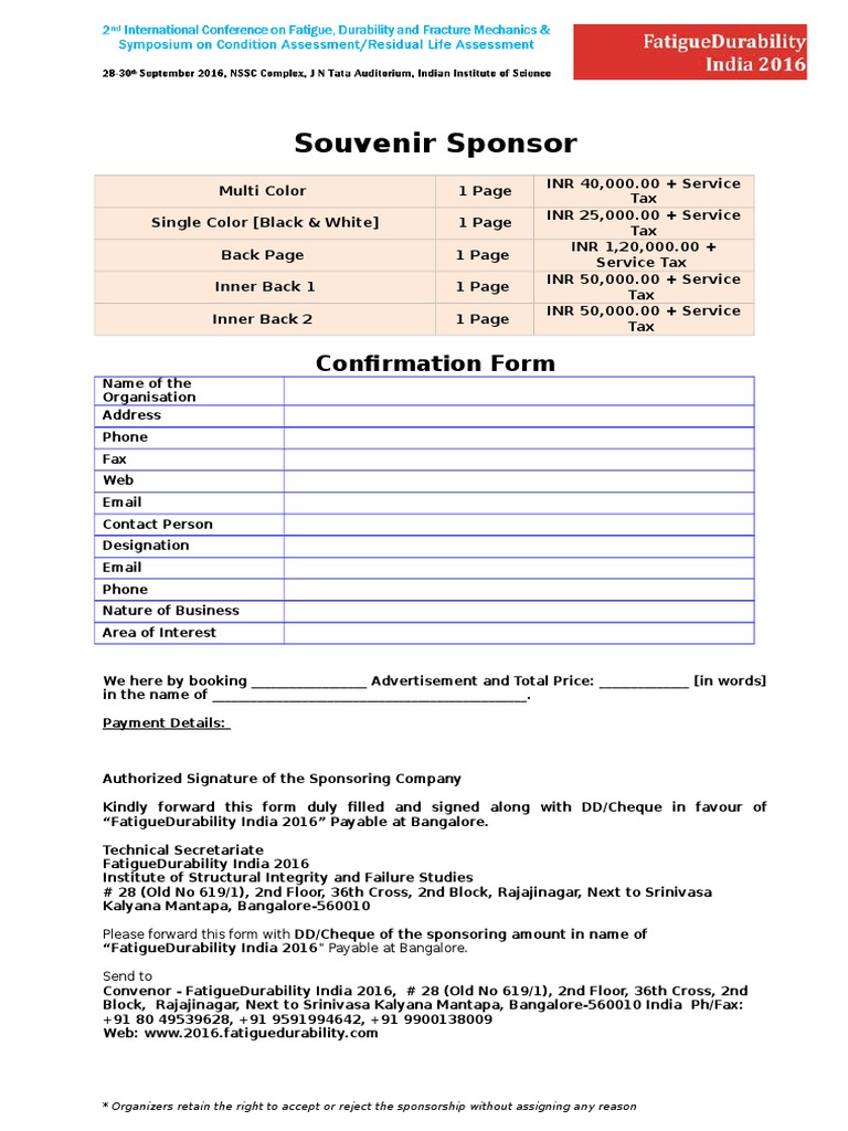 Souvenir Sponsor: Confirmation Form | PDF