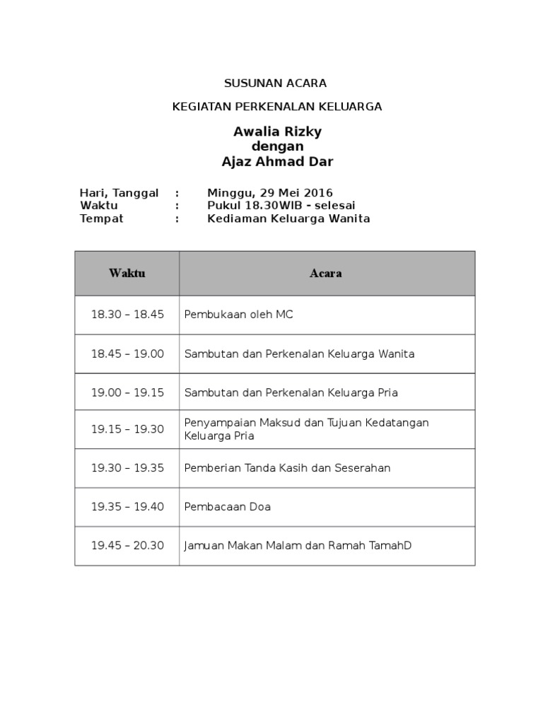 Susunan Acara Kegiatan Lamaran Atau Perkenalan Keluarga