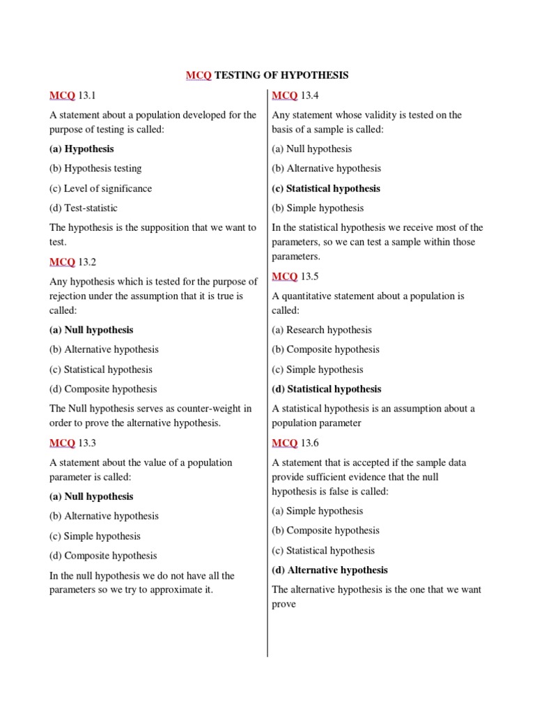 Mcq Testing of Hypothesis Statistical Hypothesis Testing