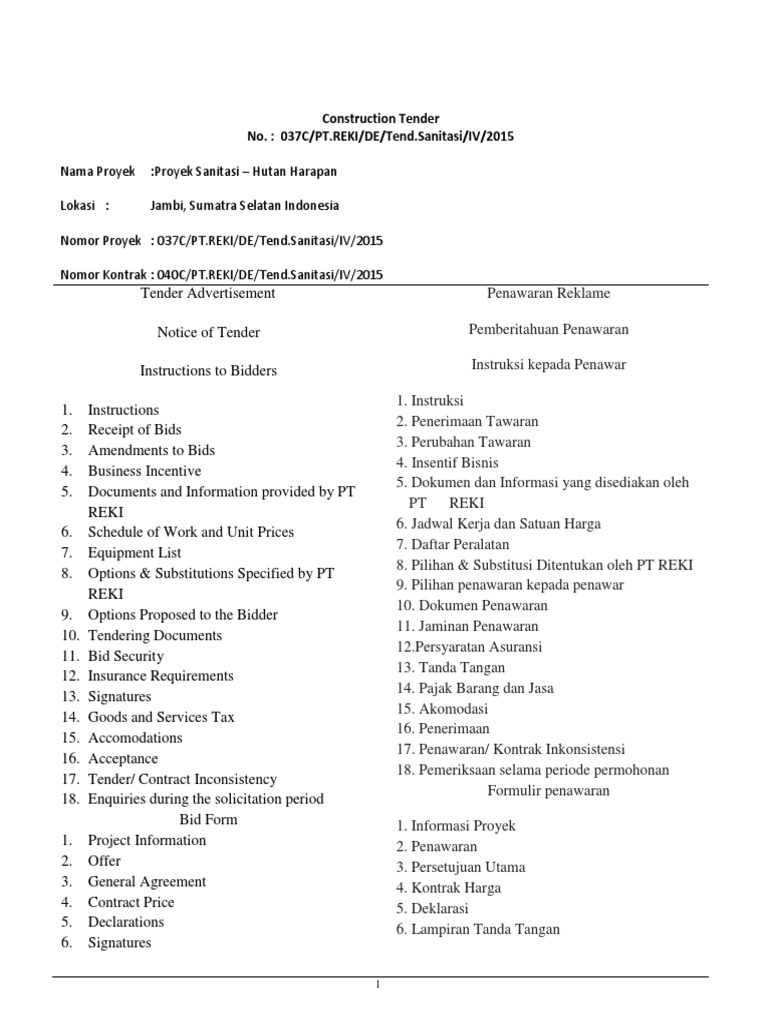 Tender Proyek Sanitasi Hutan Harapan | PDF | Kontraktor Umum ...