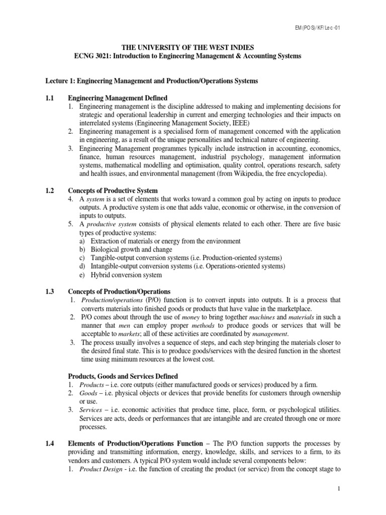 Engineering Management Overview: Lecture 1 | PDF | Engineering | System