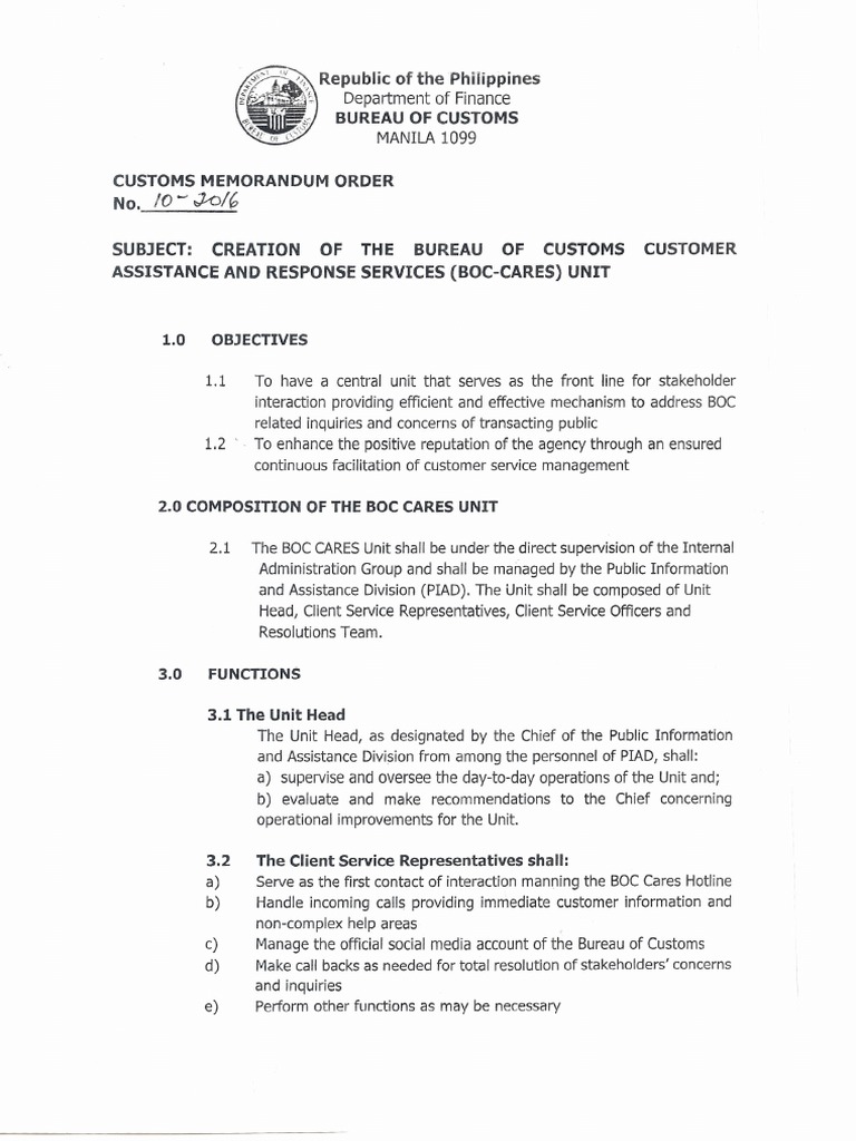 Creation of BOC Customer Service Unit | PDF | Government | Business