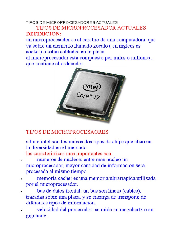 Tipos de Microprocesadores Actuales Microprocesador Intel