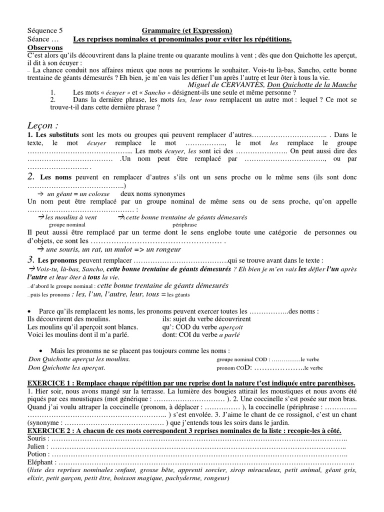 Exercice Groupe Nominal Avec Correction 5eme 5eme - Reprises Nominales Et Pronominales PDF | PDF | Pronom | Clause