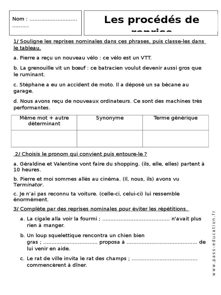 Exercices Sur Les Mots De Reprise 8 me PDF