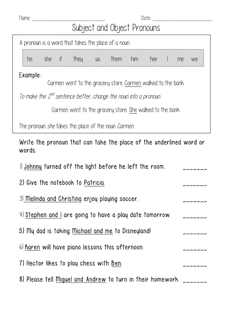 Subject And Object Pronoun Worksheets 6th Grade