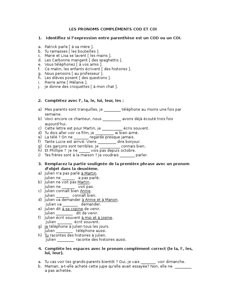 Les Pronoms Personnels Cod Et Coi Exercices Pdf Ejercicios COD COI | PDF | Pronom | Langues