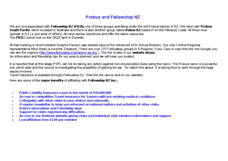 Probus Fellowship NZ Updates and Benefits | PDF