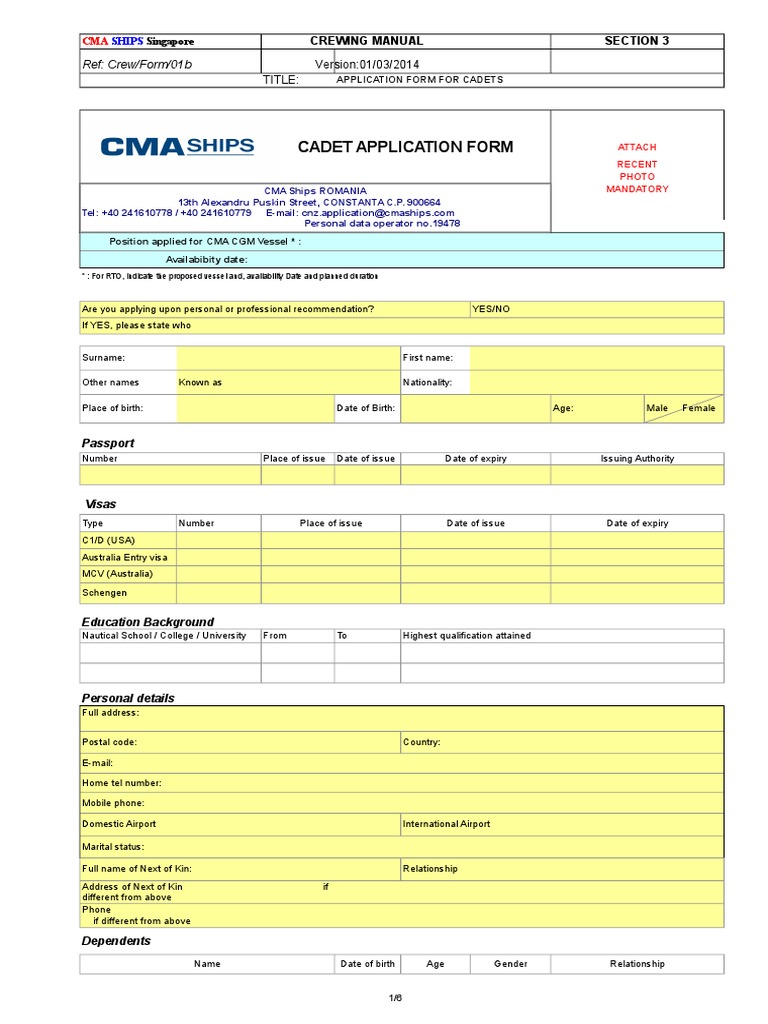 CREW FORM 01b Application Form Cadets | PDF | Identity Document ...