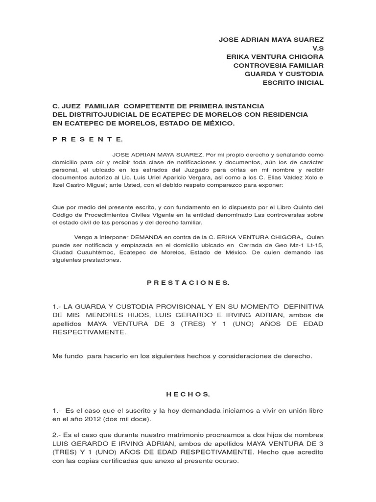 Escrito Inicial Guarda y Custodia | PDF | Demanda judicial | Evidencia (ley)
