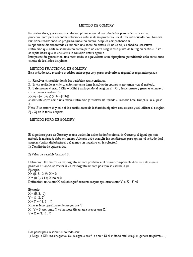 Metodo de Gomory | PDF | Programación lineal | Optimización Matemática