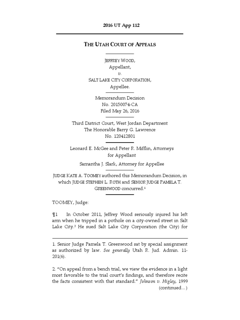 Utah Court of Appeals ruling Jeffrey Wood vs. Salt Lake City Negligence Burden Of Proof