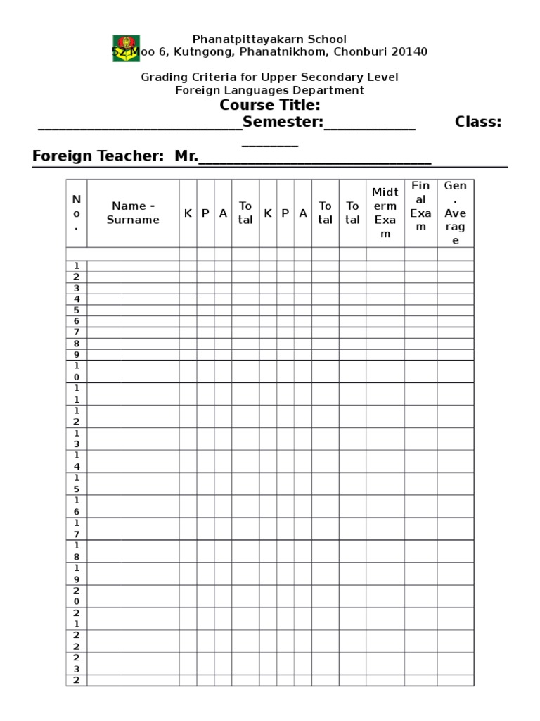 Blank Grading Sheet Form