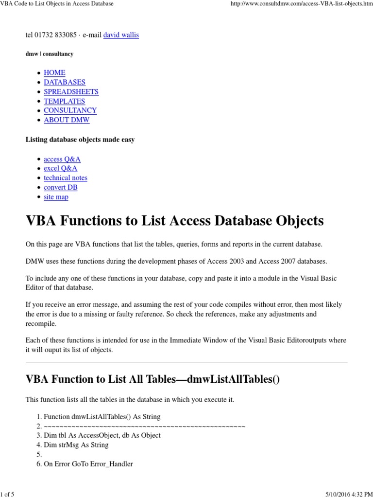 VBA Code To List Objects in Access Database | PDF | Visual Basic For ...
