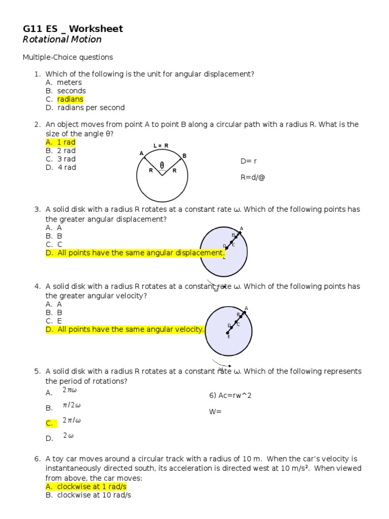 Rotational Motion Worksheet | Acceleration | Rotation Around A Fixed Axis