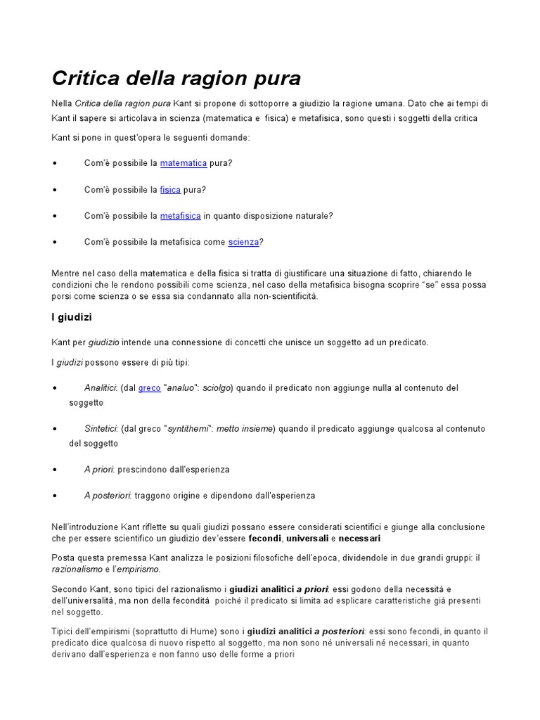 Critica Della Ragion Pura Riassunto