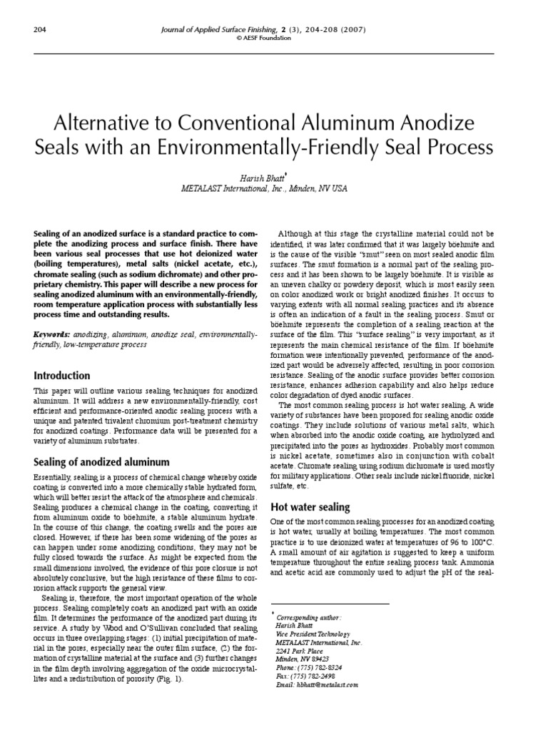 Alternative To Conventional Aluminum Anodize Seals With An