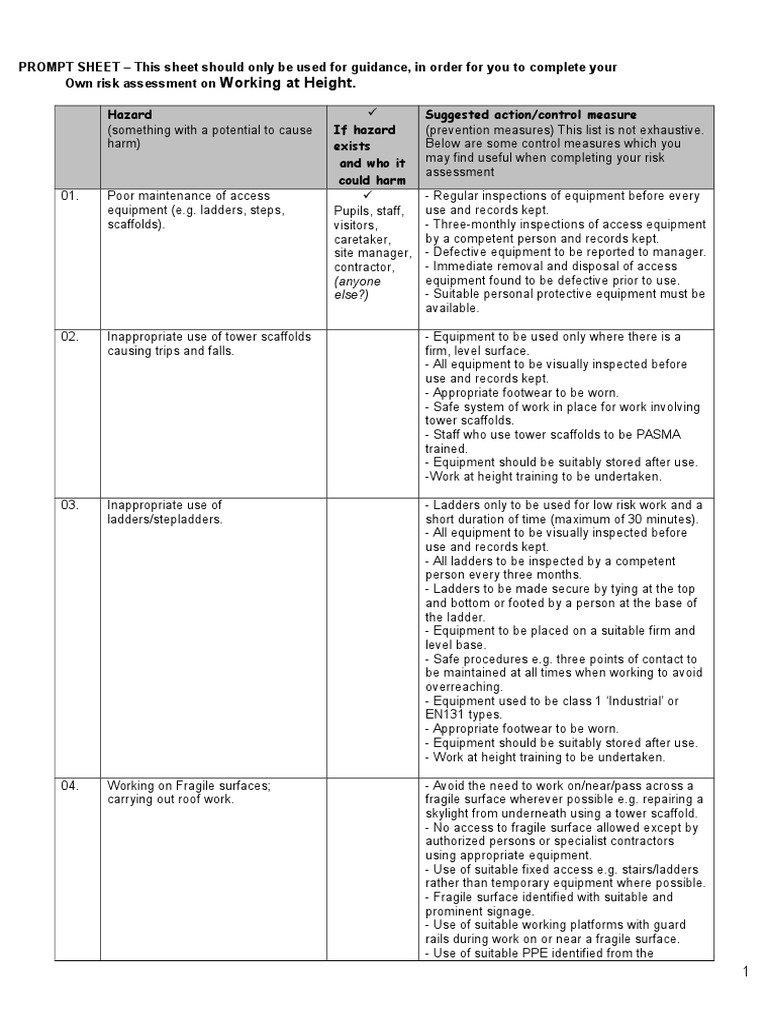 Working at Height Risk Assessment Guide | PDF | Ladder | Personal ...
