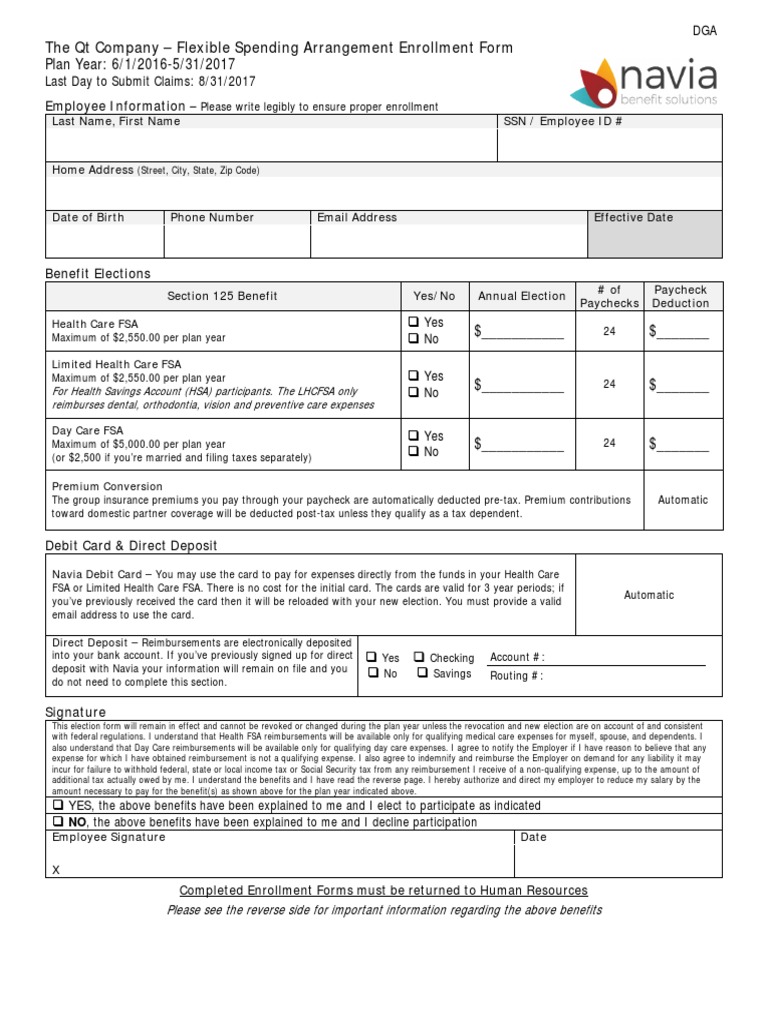 FSA Enrollment Form Health Savings Account Payments