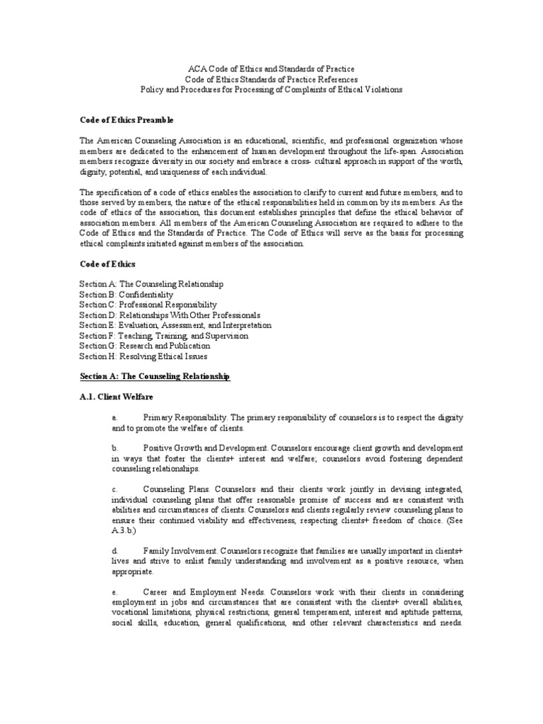 ACA Code of Ethics PDF Counseling Psychology Consent