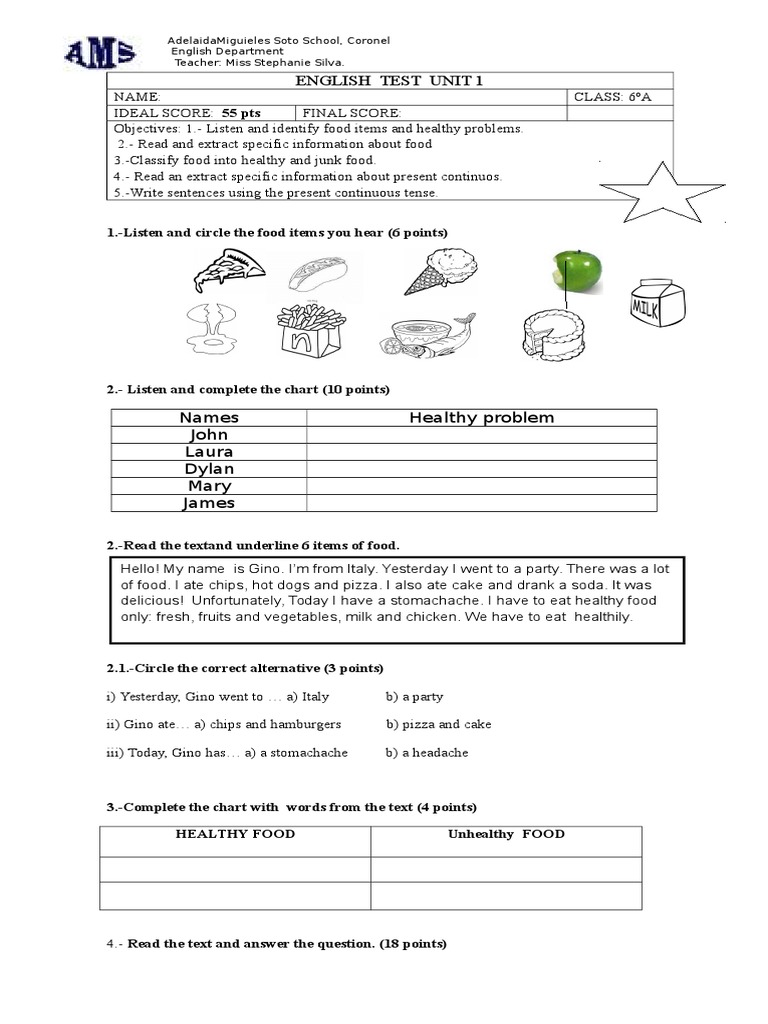 English Test on Food and Health | PDF