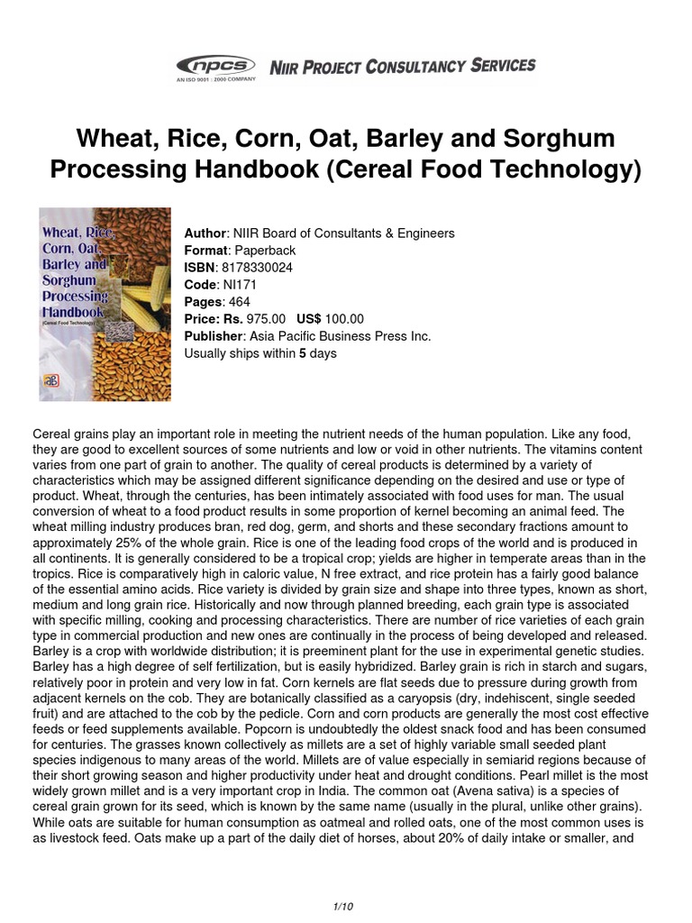 Niir Wheat Rice Corn Oat Barley Processing Handbook Cereal Food