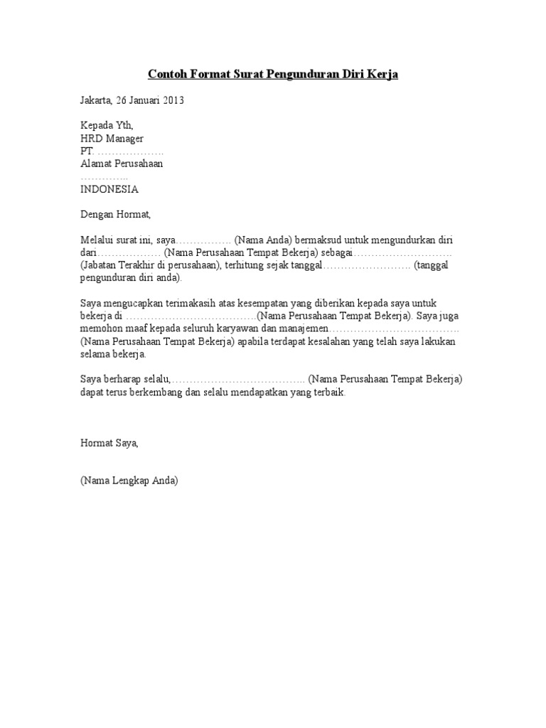 Contoh Surat Pengunduran Diri Kerja
