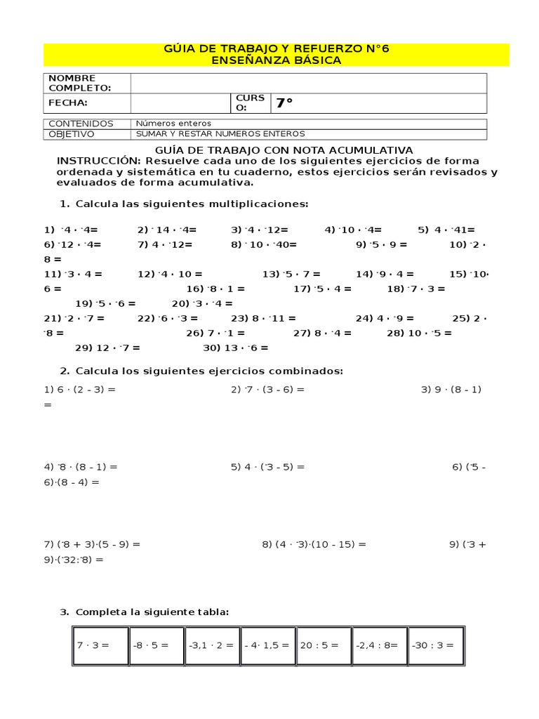 7º Básico Guia Enteros N°6 | PDF