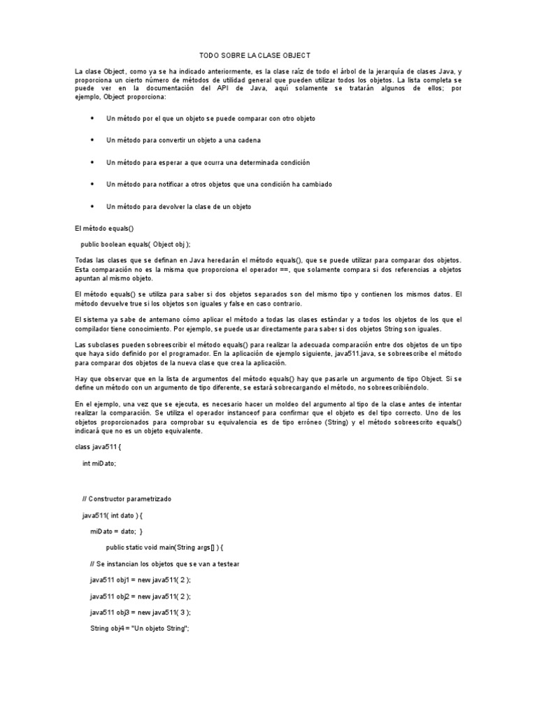 Todo Sobre La Clase Object Tipos De Datos Poo Pdf Java Lenguaje De