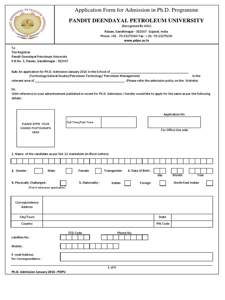 PDPU Ph.D. Admission Application 2016 | PDF | Doctor Of Philosophy ...