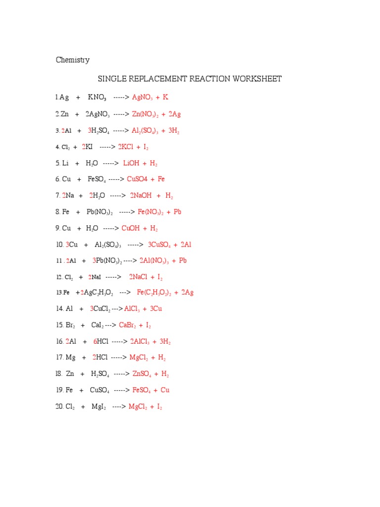 Chemistry Single Replacement Reaction Worksheet: L.Ag + Kno | PDF