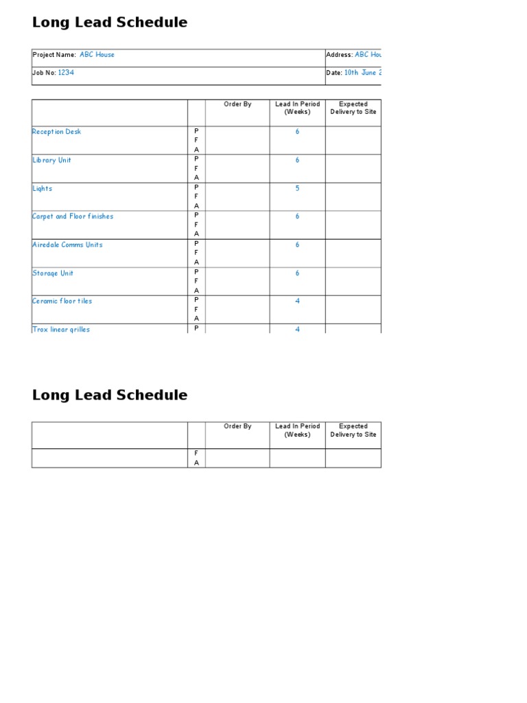 Long Lead Schedule for ABC House | PDF