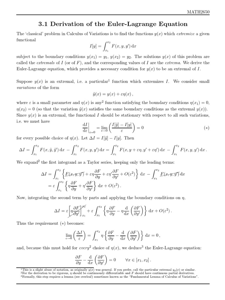 3.1 Derivation of The EulerLagrange Equation PDF Calculus Of