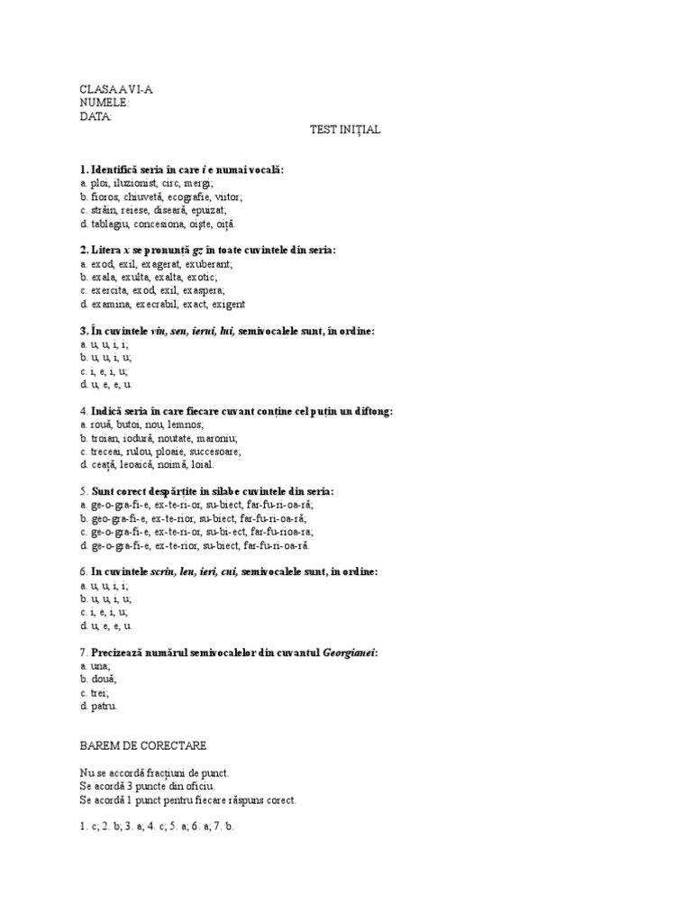 Test Initial Clasa A VI-a | PDF