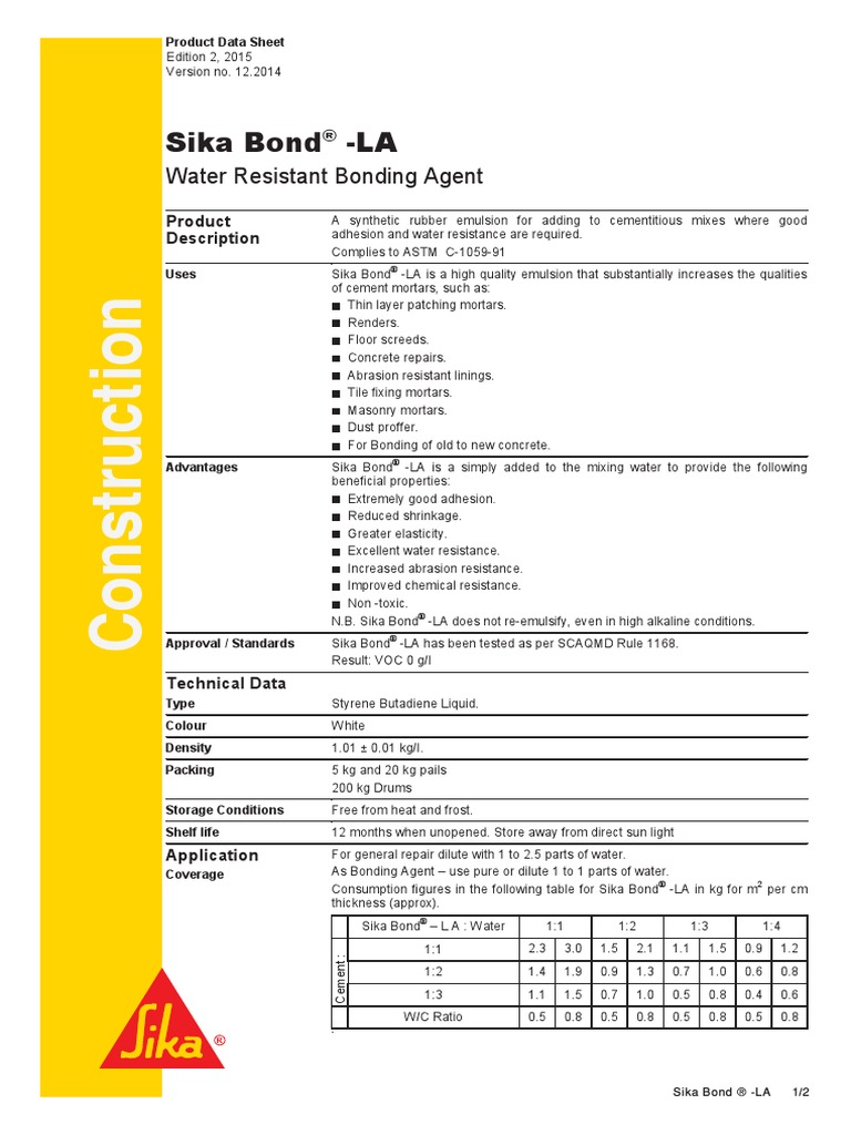 Sika Bond LA Water Resistant Bonding Agent PDF Mortar (Masonry