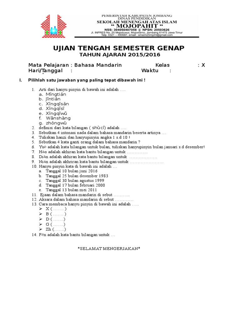 Soal Uts Genap b mandarin 