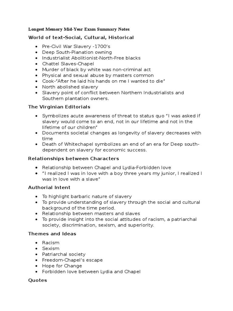 VCE English Units 1 and 2 The Longest Memory Exam Quotes List Slavery