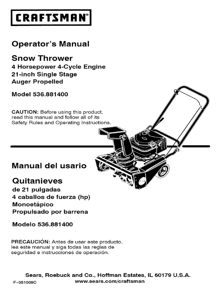 Craftsman Snow Blower Model 536.88140 Gasoline Belt (Mechanical)